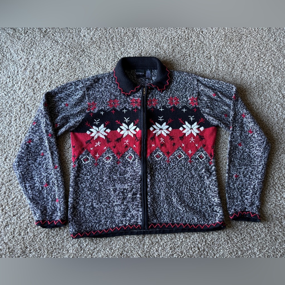 VTG 2000s Y2K Erika Med Thick Knit Sweater Snowflakes Holiday Winter Christmas